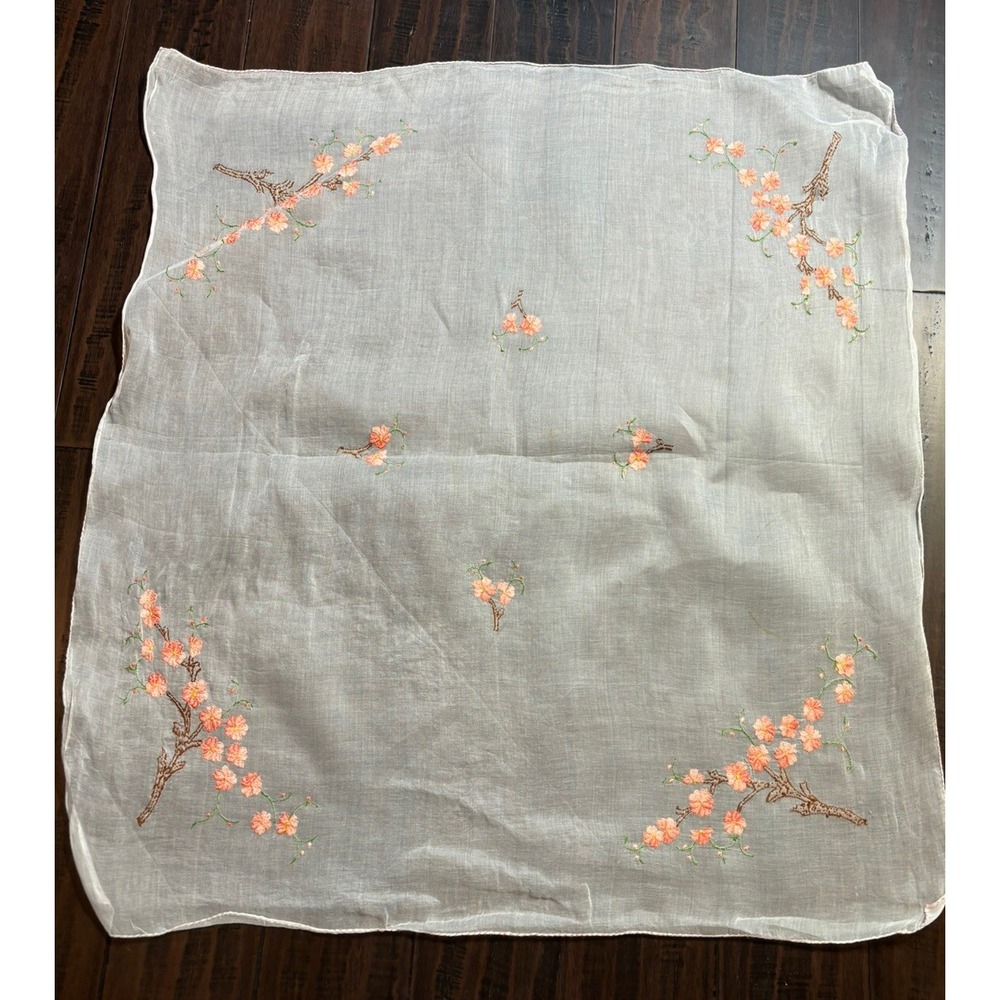 Embroidered Cherry Blossom Sheer Tablecloth Dresser Scarf Tree Handmade Vintage - Picture 7 of 8
